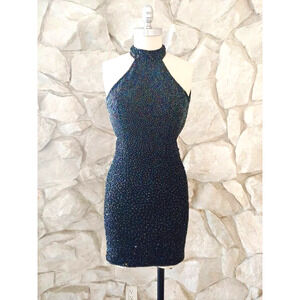 1990s Vintage Beaded Silk Chiffon Mini Dress with Halter Mock Neck Top | XS